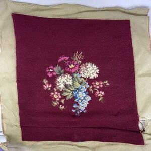 Vintage Needlepoint Floral Bouquet Burgundy Canvas 21x21 Completed Embroidery